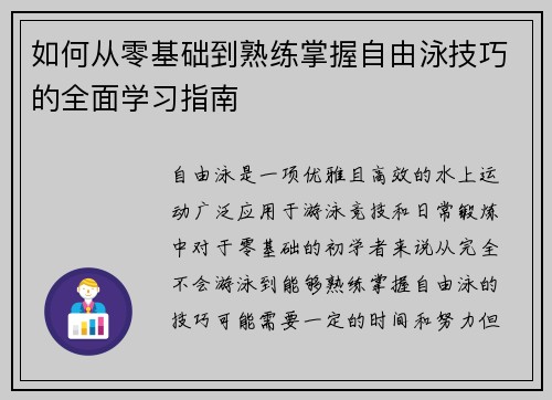 如何从零基础到熟练掌握自由泳技巧的全面学习指南